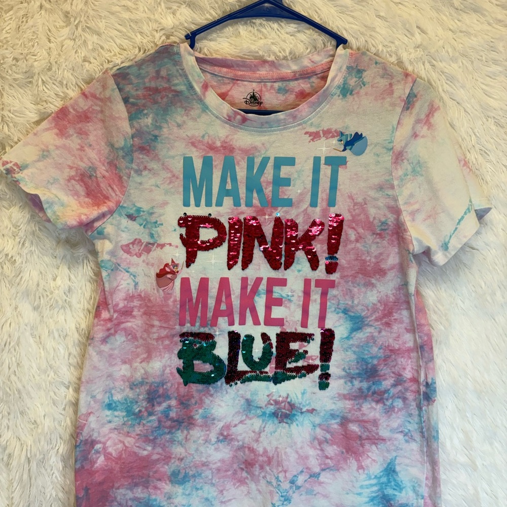 Disney Sleeping Beauty “Make It Pink Make It Blue” Sequin Tie Dye T-Shirt | M - Picture 4 of 16